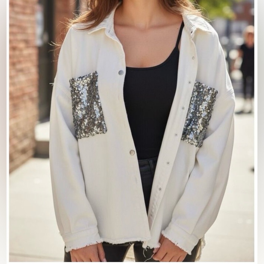 POL Button Up Shaket Patchwork Sequin Front Pockets Women’s Size M Off White